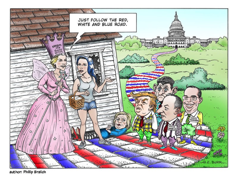 Megyn Kelly caricature, Hillary Clinton caricature, Donald Trump caricature, Reince Priebus caricature, Paul Ryan caricature, and Steven Mnuchin caricature